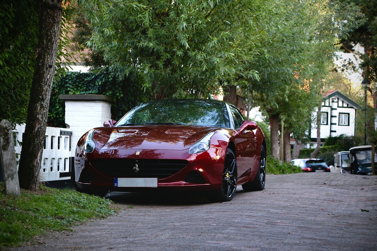 Dark red luxury sports car parked on a suburban street.